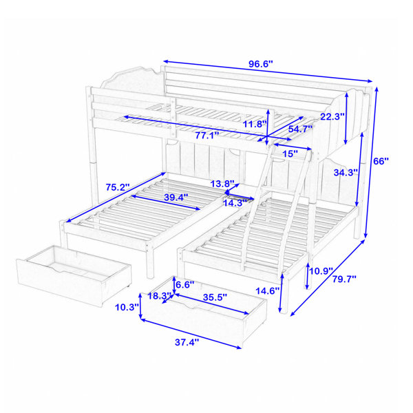 Harriet Bee Floricica Full Over Twin & Twin 3 Drawers Velvet Triple